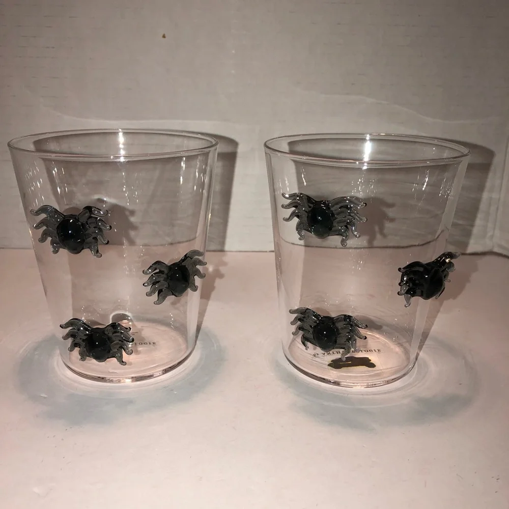 New Set of 2 Anthropologie Halloween 3D Spider Icon Juice Mugs Cups Glass